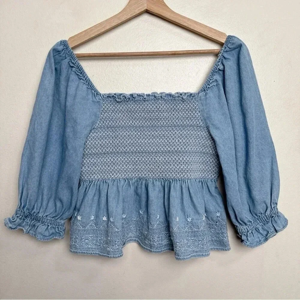 American Eagle Womens Small Smocked Square Neck Babydoll Chambray Top - Picture 14 of 14